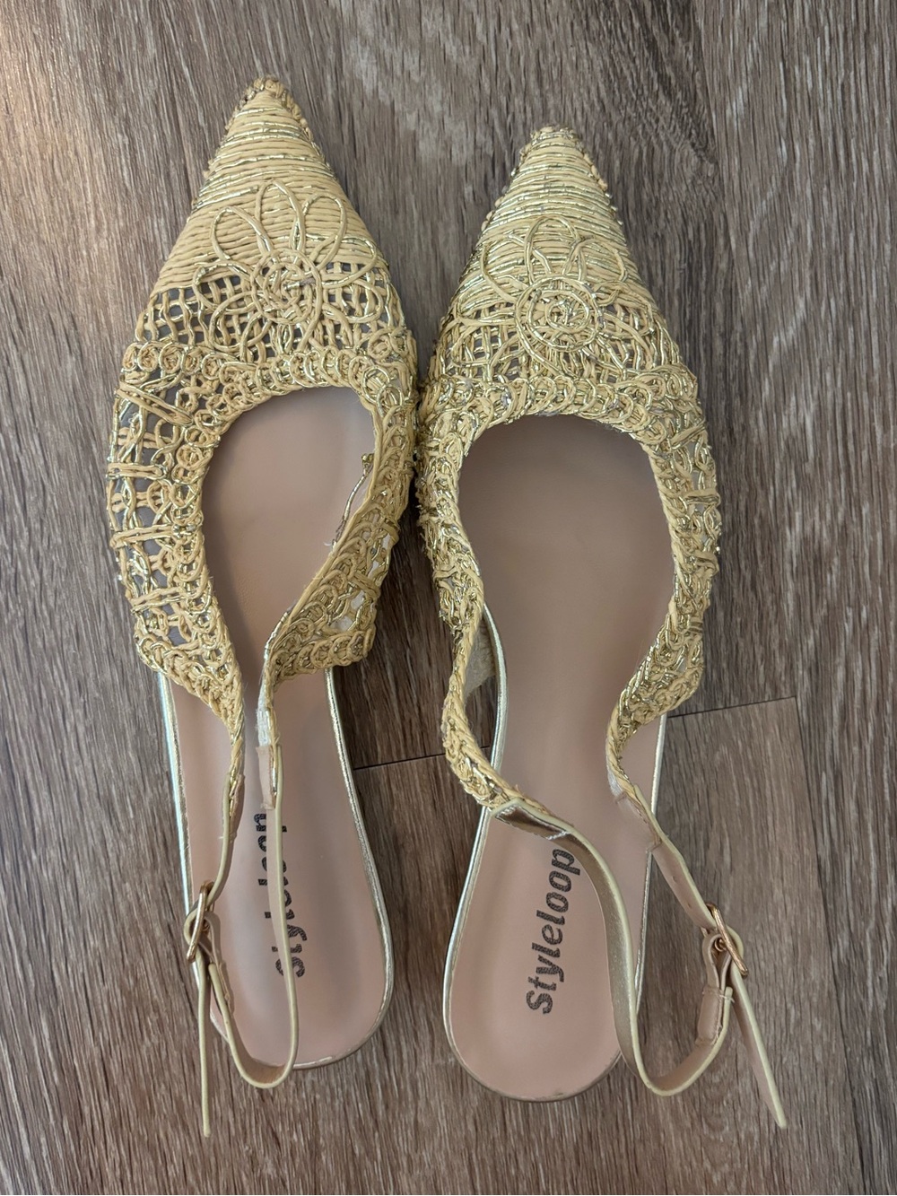 SHEIN style loop gold flower slingbacks